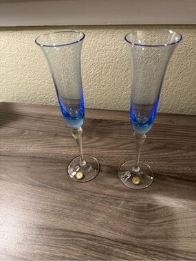 Set of 2 Tall Blue Kvetna 1794 Bohemia Crystal Champagne Flutes